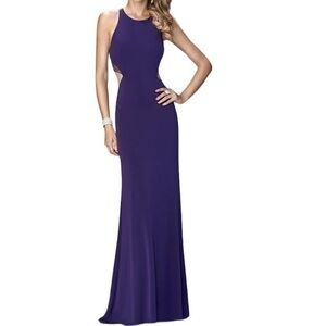LA FEMME High neck Jersey La Femme gown with sheer embellished back